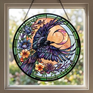 Moonlit Raven Stained Glass Suncatcher, Flying Mystic Bird Window Hanging Decor, Gothic Celestial Moon Ornament,Witchy Nature Lover Gift Her